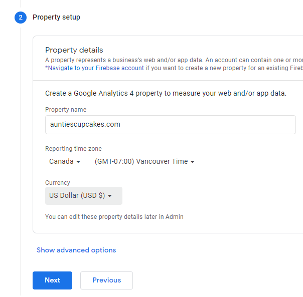 google analytics Property Name